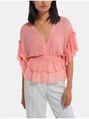 $210 The Kooples Women's Pink Ruffled V-Neck Blouse NWT